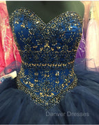 Beaded Sweetheart Organza Ruffle Snavy Blue Quinceanera Dress Ball Gowns