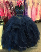 Beaded Sweetheart Organza Ruffle Snavy Blue Quinceanera Dress Ball Gowns