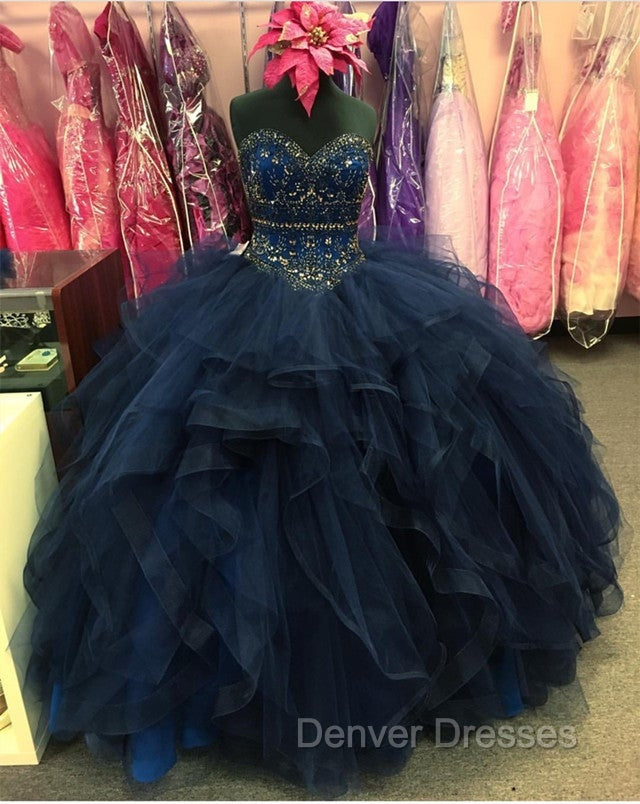 Beaded Sweetheart Organza Ruffle Snavy Blue Quinceanera Dress Ball Gowns