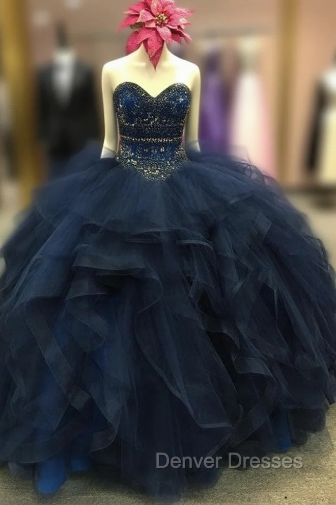Beaded Sweetheart Organza Ruffle Snavy Blue Quinceanera Dress Ball Gowns Main image