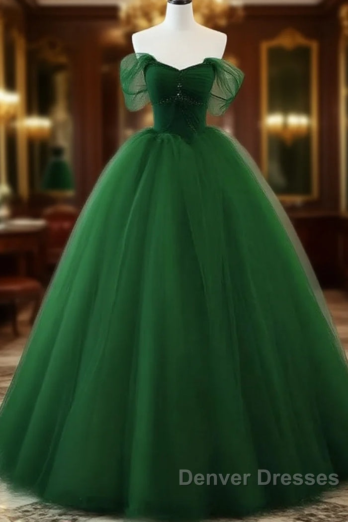 Beaded Tulle Off Shoulder Long Party Dress Tulle A-Line Prom Dress Ball Gown Quinceanera Dress Main image