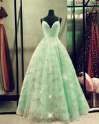 Beaded Tulle Prom Dress Ball Gown Plunge Neck