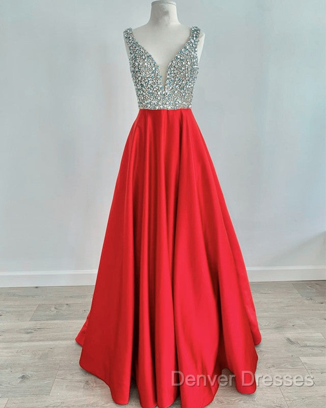 Beaded V Neck Long Satin Violet Prom Dress
