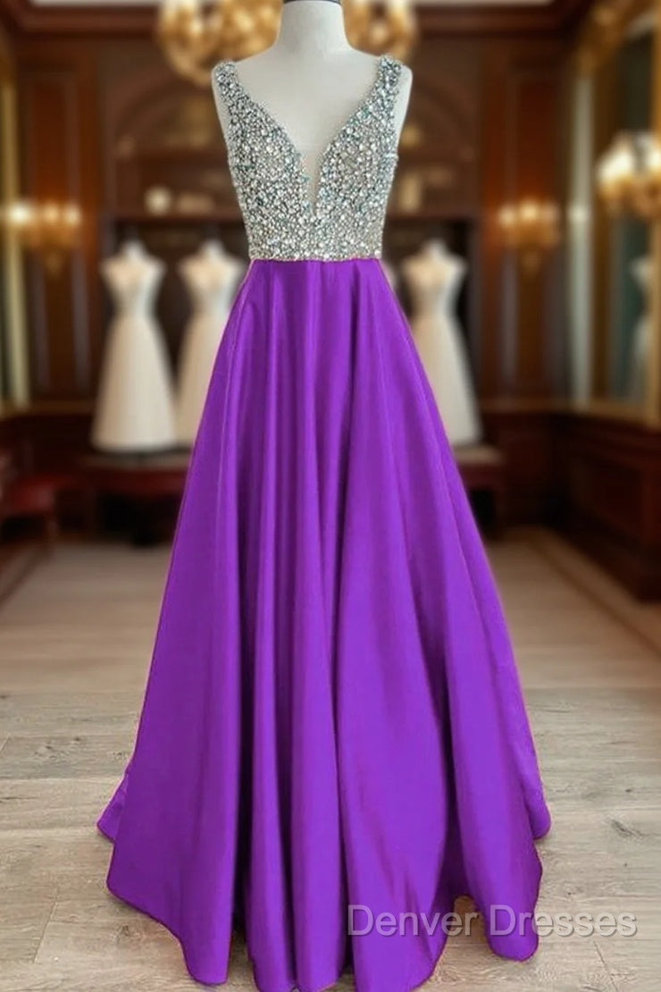 Beaded V Neck Long Satin Violet Prom Dress