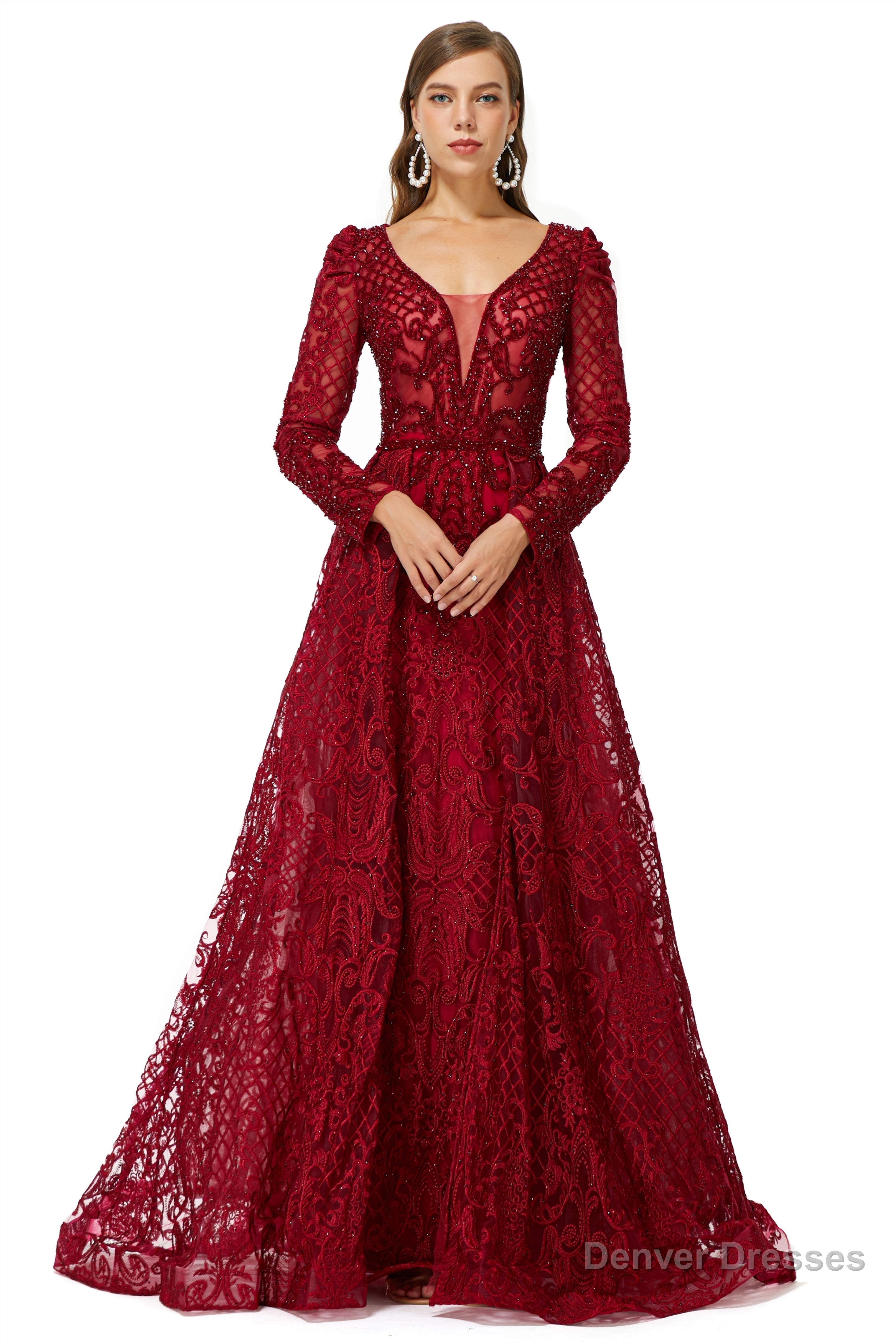 Beaded Wine Red Long V neck Sleeves Prom Dresses Main image