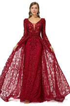 Beaded Wine Red Long V neck Sleeves Prom Dresses