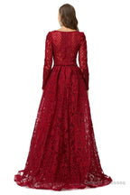 Beaded Wine Red Long V neck Sleeves Prom Dresses
