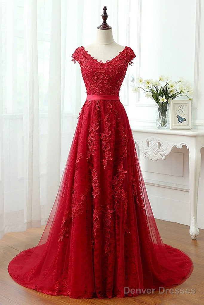 Beading Lace Tulle Long Red V Neck Appliques Prom Dress Main image