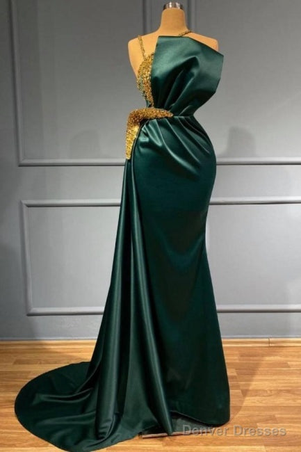 Beading Luxury Sparkle Dark Green Satin Sheath Column Prom Formal Dress Main image
