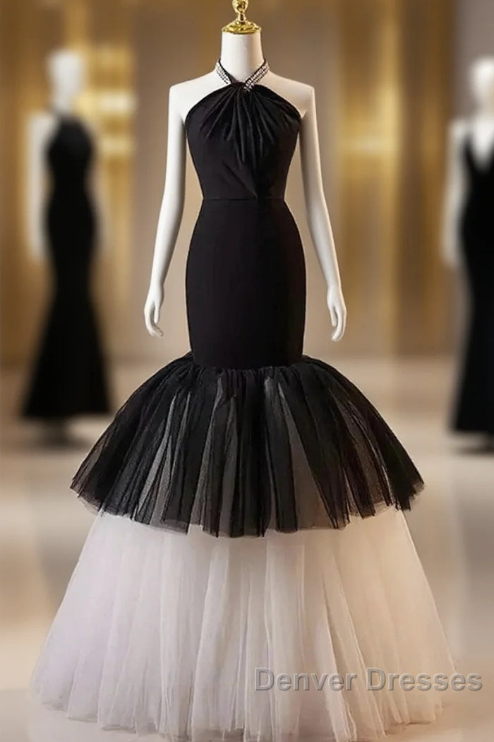 Beading Mermaid Black And White Halter Tulle Prom Dress Main image