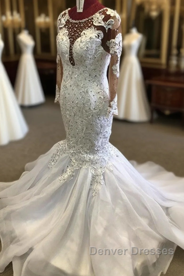 Beading Mermaid Sheer Tulle Wedding Dress Appliques Long Sleeves Bridal Dress Main image