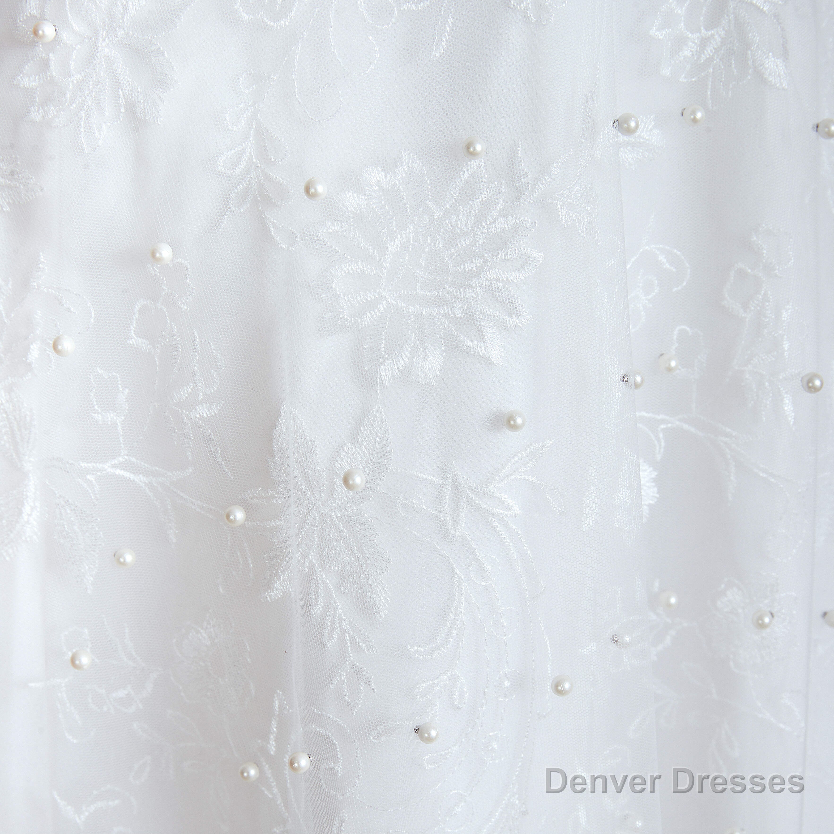 Beading Pearls Lace Floor Length Straps V-Back Backless White A-Line Wedding Dresses