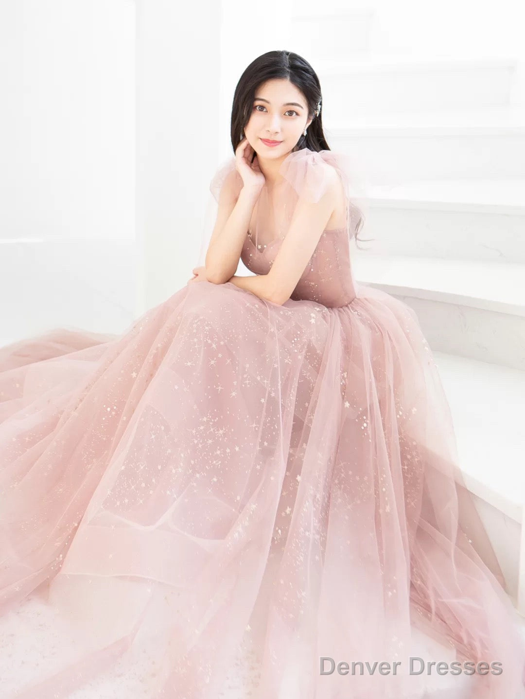 Bean Pink Tulle Long Prom Dress, A Line Tulle Formal Evening Dress Secondary image