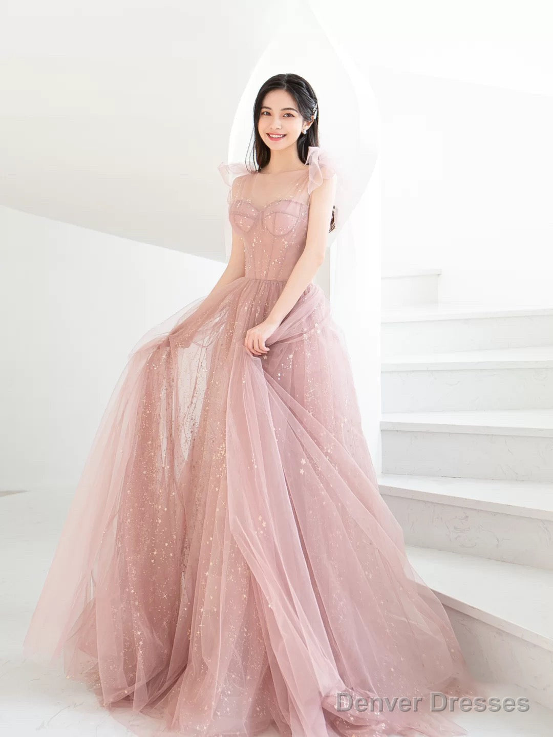 Bean Pink Tulle Long Prom Dress, A Line Tulle Formal Evening Dress Main image
