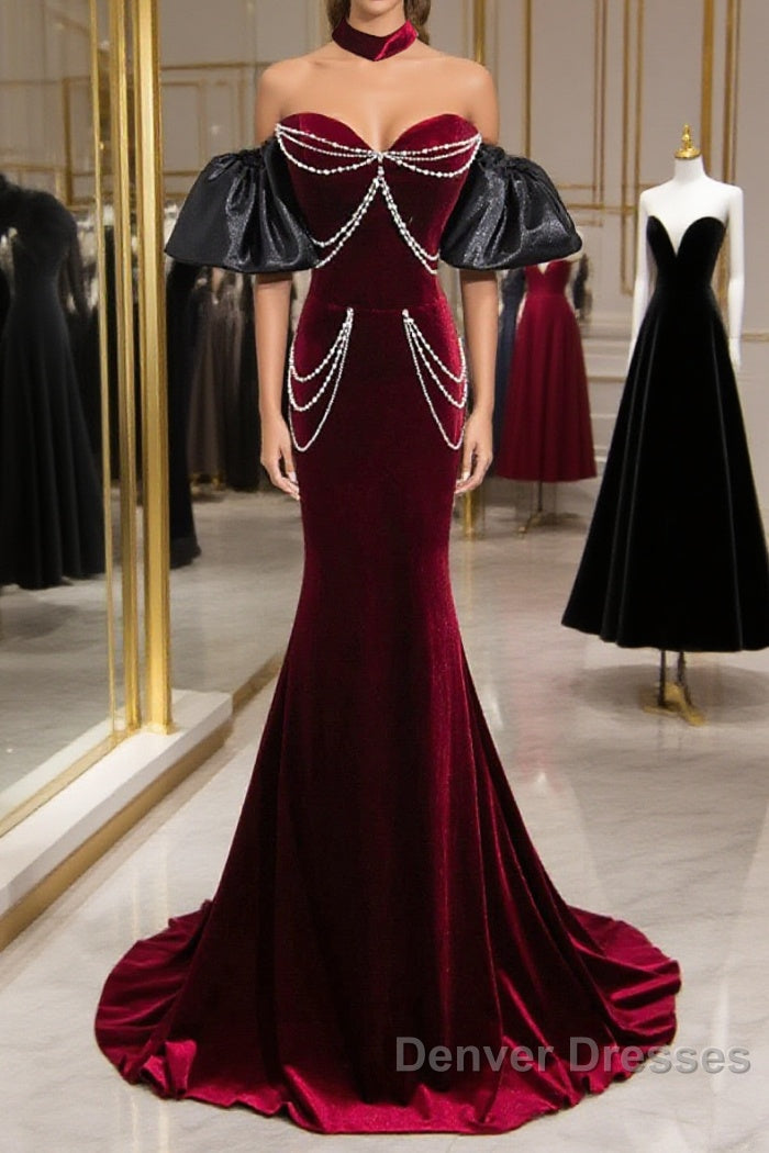 Beauiful Wine Red Off Shoulder Mermaid Long Prom Dress, Wine Red Party Dress