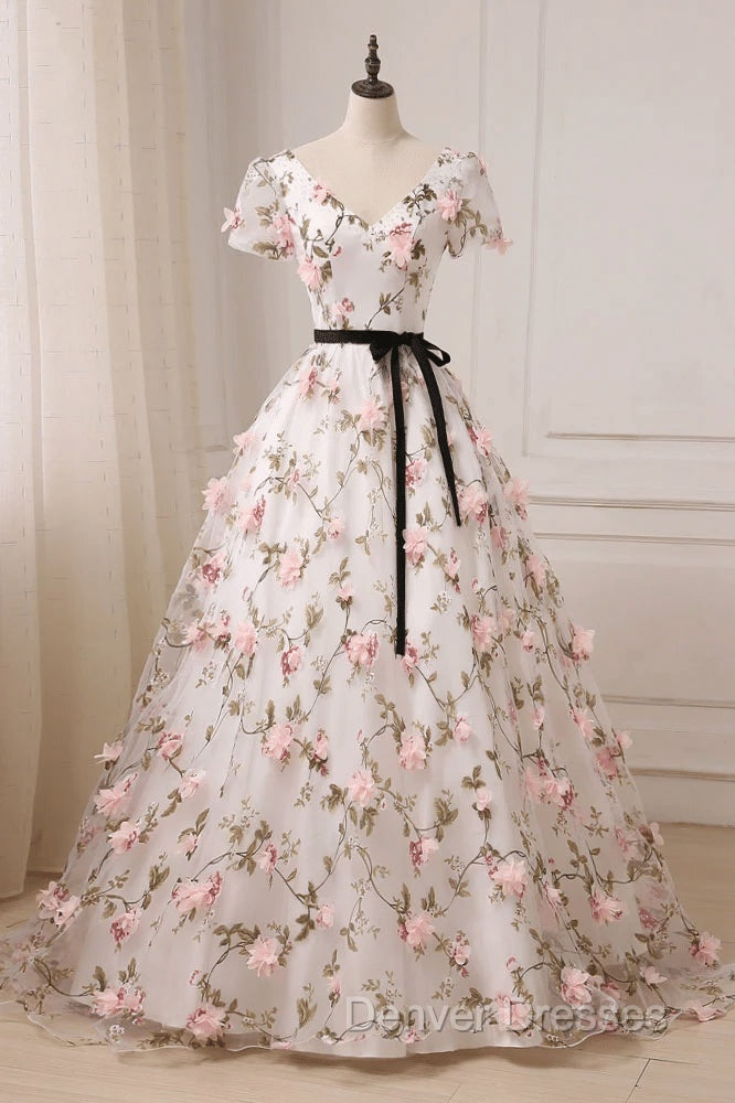 Beauitufl Floral V-Neck Lace Short Sleeve Flowers Long Prom Dress Floral Party Dress prom Dress shops