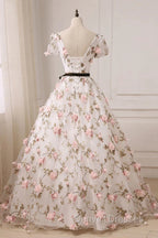 Beauitufl Floral V-Neck Lace Short Sleeve Flowers Long Prom Dress Floral Party Dress prom Dress shops