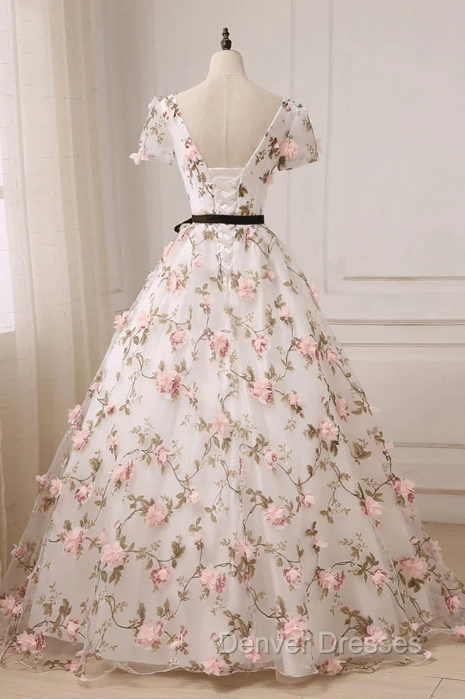 Beauitufl Floral V-Neck Lace Short Sleeve Flowers Long Prom Dress Floral Party Dress prom Dress shops