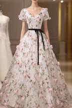 Beauitufl Floral V-Neck Lace Short Sleeve Flowers Long Prom Dress Floral Party Dress prom Dress shops