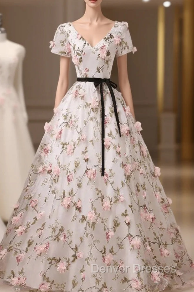 Beauitufl Floral V-Neck Lace Short Sleeve Flowers Long Prom Dress Floral Party Dress prom Dress shops
