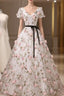 Beauitufl Floral V-Neck Lace Short Sleeve Flowers Long Prom Dress Floral Party Dress prom Dress shops
