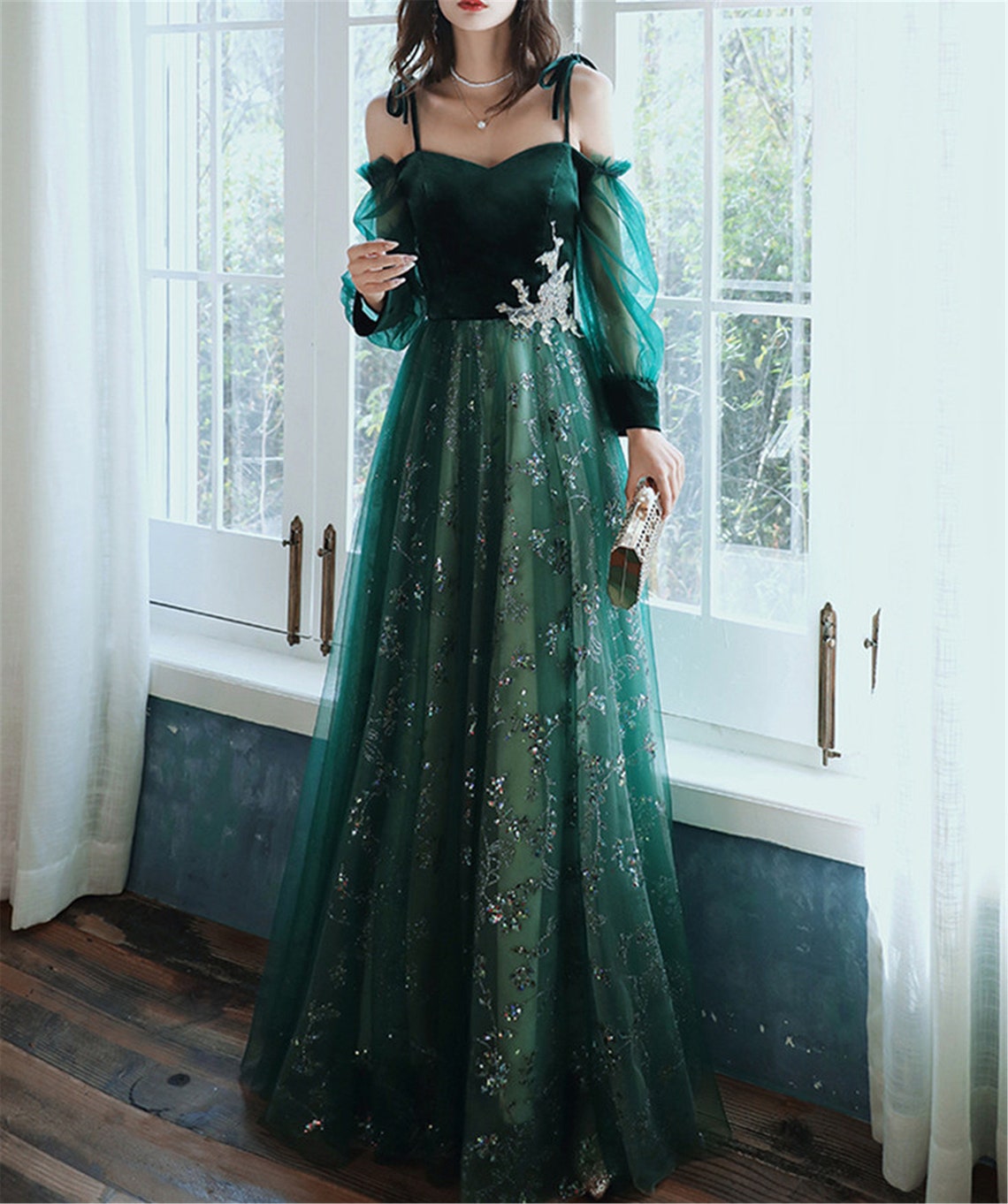 Beautful Dark Green Tulle Stunning Sequin Bridal Dress, Spaghetti Strap Prom Dress Wedding Party Dress