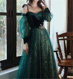 Beautful Dark Green Tulle Stunning Sequin Bridal Dress, Spaghetti Strap Prom Dress Wedding Party Dress