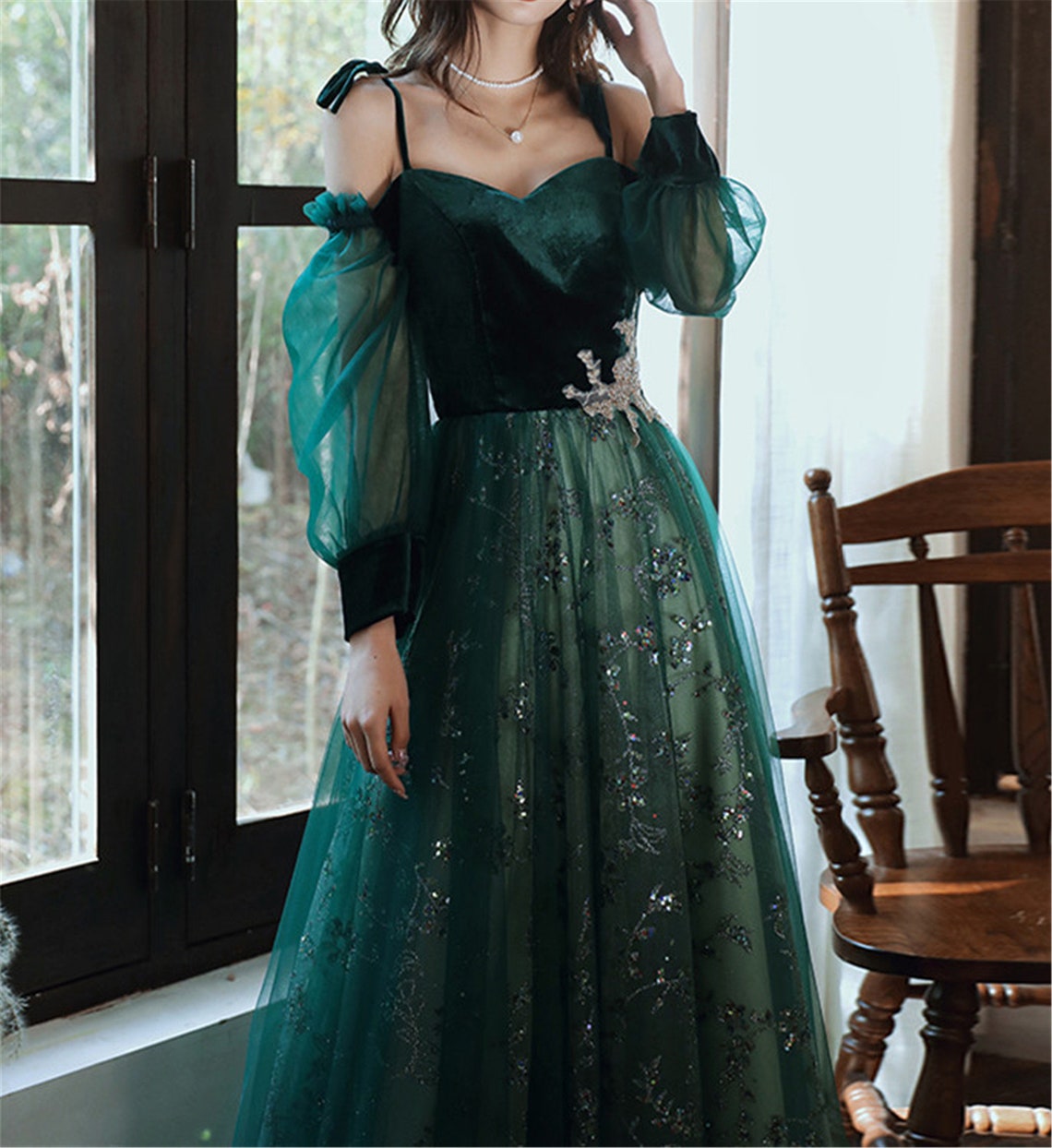 Beautful Dark Green Tulle Stunning Sequin Bridal Dress, Spaghetti Strap Prom Dress Wedding Party Dress