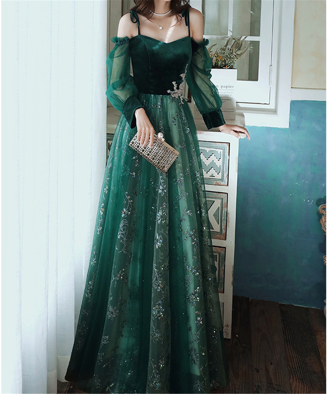 Beautful Dark Green Tulle Stunning Sequin Bridal Dress, Spaghetti Strap Prom Dress Wedding Party Dress
