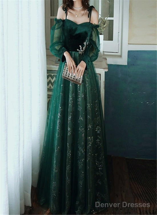 Beautful Dark Green Tulle Stunning Sequin Bridal Dress, Spaghetti Strap Prom Dress Wedding Party Dresses Main image