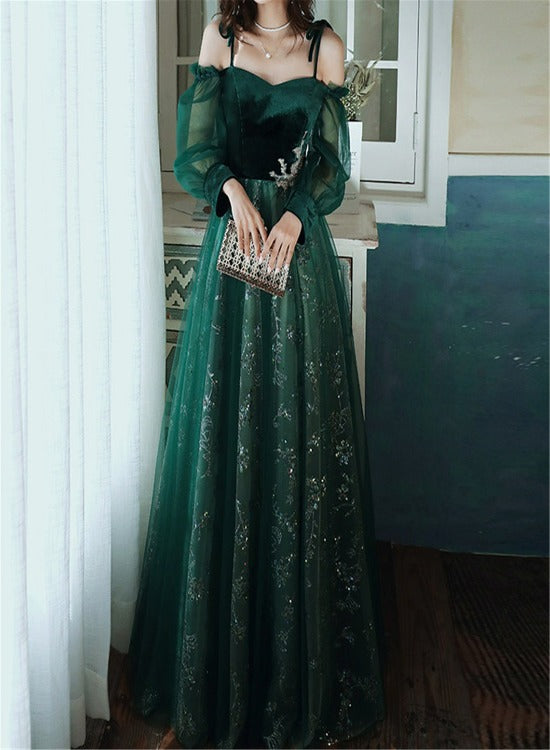 Beautful Dark Green Tulle Stunning Sequin Bridal Dress, Spaghetti Strap Prom Dress Wedding Party Dress