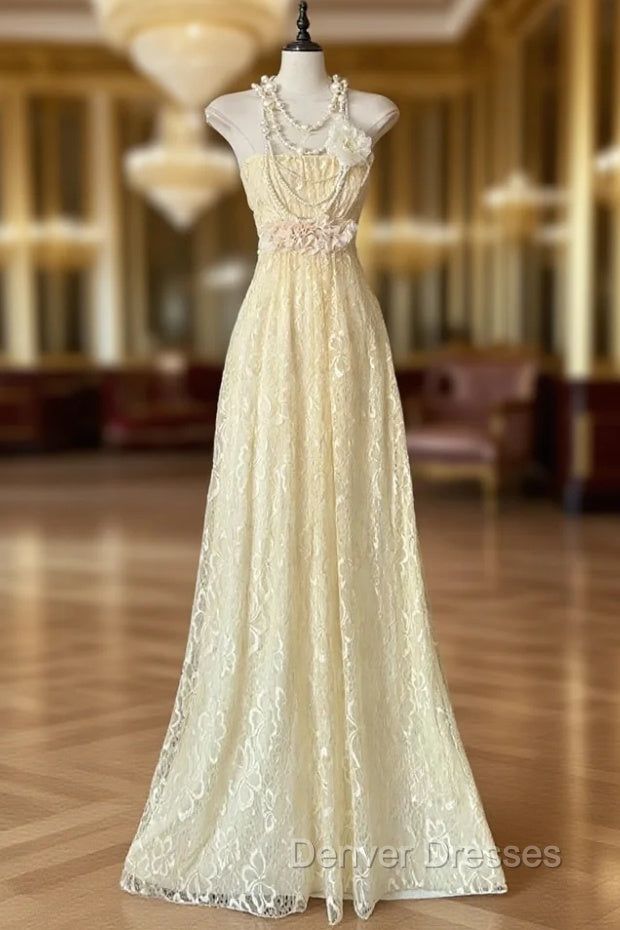 Beautiful A-Line Light Yellow Lace Strapless Prom Dress Cute Birthday Party Dress Main image