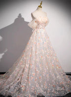 Beautiful A-Line Off Shoulder Flowers Lace Formal Dress, Long Prom Dress