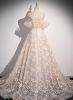 Beautiful A-Line Off Shoulder Flowers Lace Formal Dress, Long Prom Dress