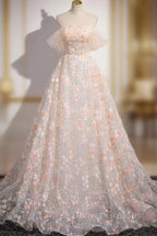 Beautiful A-Line Off Shoulder Flowers Lace Formal Dress, Long Prom Dress