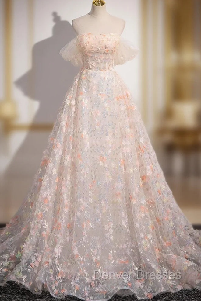 Beautiful A-Line Off Shoulder Flowers Lace Formal Dress, Long Prom Dress