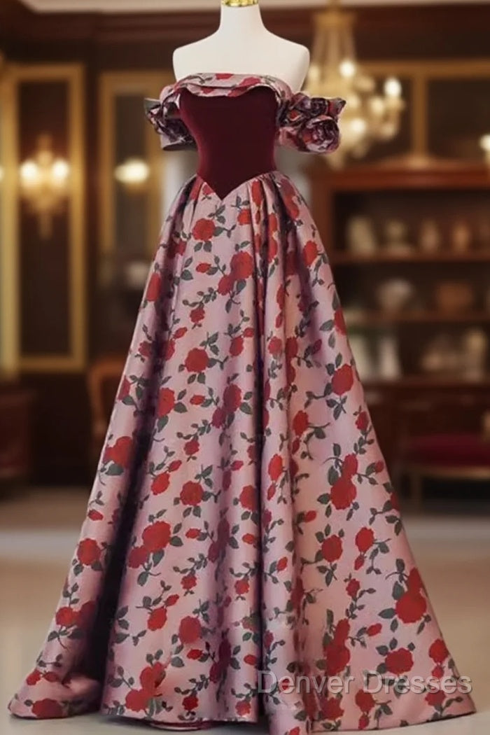 Beautiful A Line Off The Shoulder Long Floral Prom Dress Main image