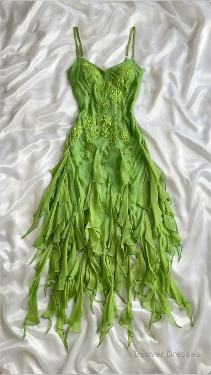 Beautiful A Line Spaghetti Straps Green Chiffon Prom Dress With Ruffles Main image