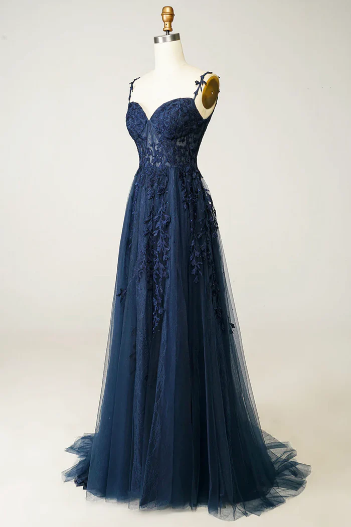 Beautiful A line Spaghetti Straps Navy Blue Lace Prom Dresses Formal Dress Secondary image