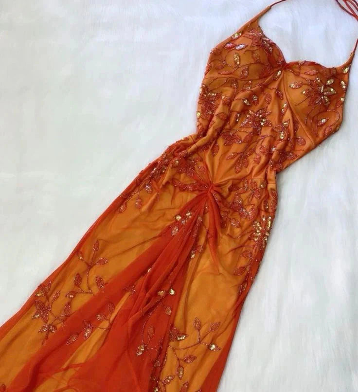 Beautiful A Line Spaghetti Straps Orange Chiffon Prom Dress With Beads Secondary image