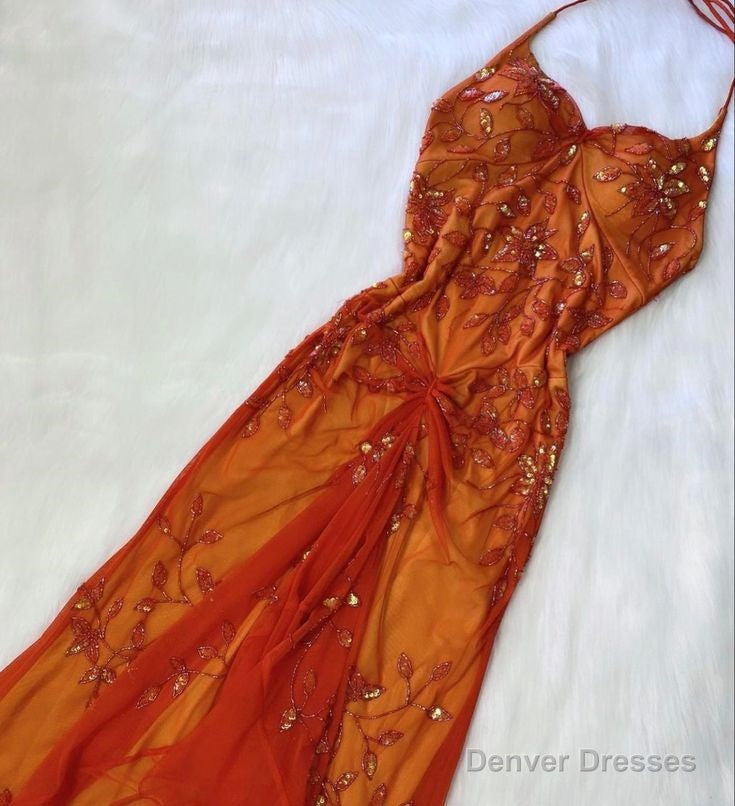 Beautiful A line Spaghetti Straps Orange Chiffon Prom Dress With Beads Main image