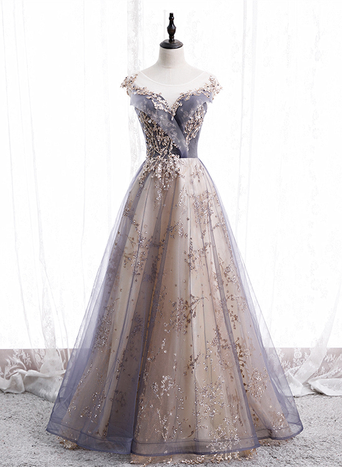 Beautiful A-Line Tulle With Lace Applique Party Dress, Tulle Long Prom Dress Main image
