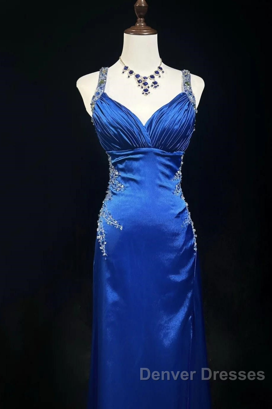 Beautiful Backless Beaded Satin Sheath Royal Blue Long Prom Dress Formal Evening Gown
