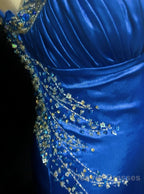 Beautiful Backless Beaded Satin Sheath Royal Blue Long Prom Dress Formal Evening Gown