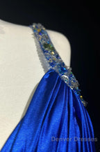 Beautiful Backless Beaded Satin Sheath Royal Blue Long Prom Dress Formal Evening Gown