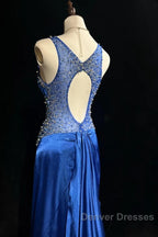 Beautiful Backless Beaded Satin Sheath Royal Blue Long Prom Dress Formal Evening Gown