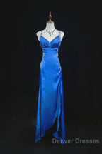 Beautiful Backless Beaded Satin Sheath Royal Blue Long Prom Dress Formal Evening Gown