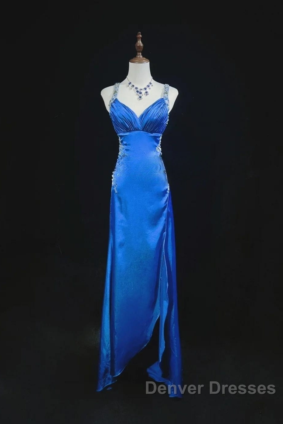 Beautiful Backless Beaded Satin Sheath Royal Blue Long Prom Dress Formal Evening Gown