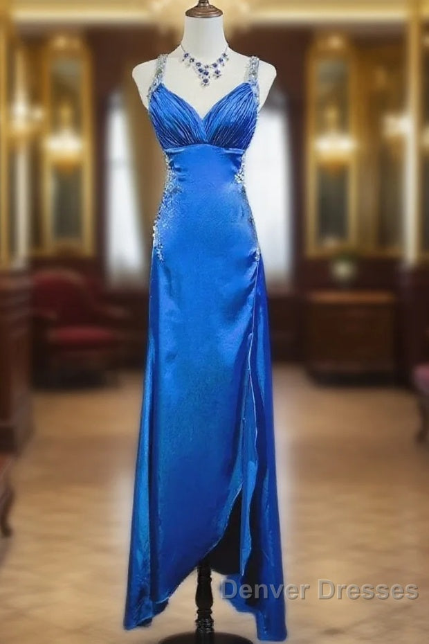 Beautiful Backless Beaded Satin Sheath Royal Blue Long Prom Dress Formal Evening Gown Main image