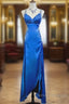 Beautiful Backless Beaded Satin Sheath Royal Blue Long Prom Dress Formal Evening Gown